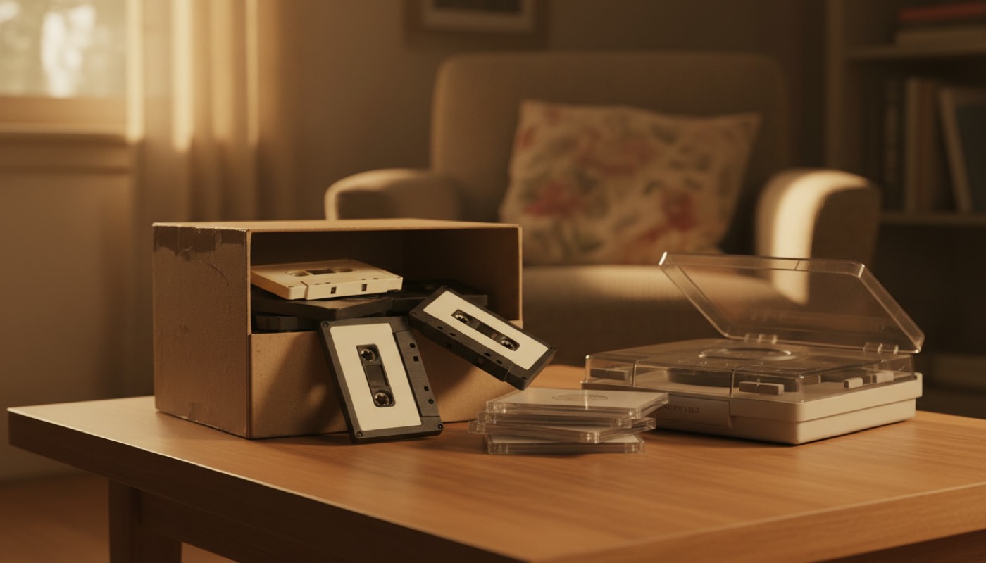 Una caja de zapatos llena de cintas de casete de los años 90 junto a un discman y varios CD sobre una mesa de madera