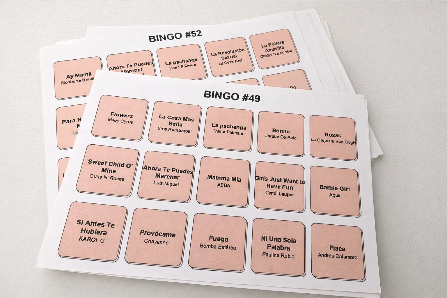 Real printed bingo cards from a wedding