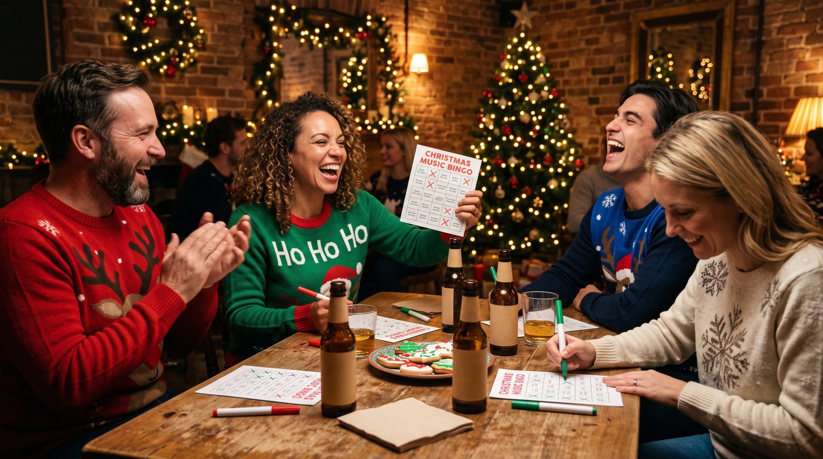 Coworkers in holiday sweaters playing music bingo at an office party