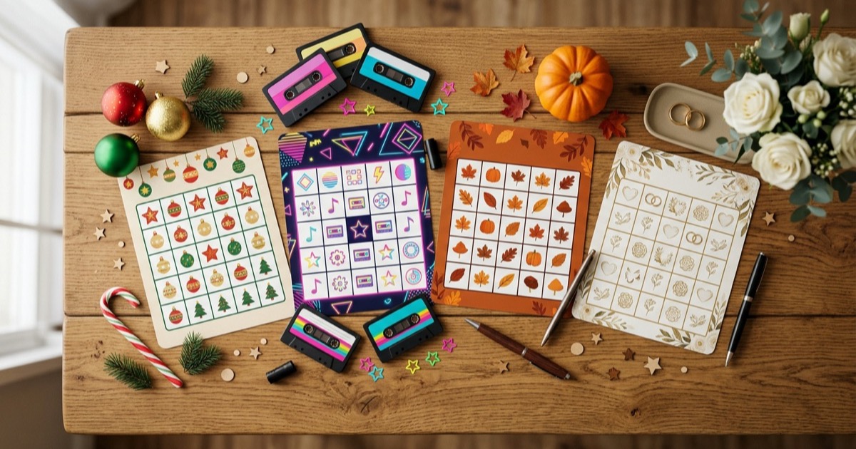A printed music bingo card next to a song list