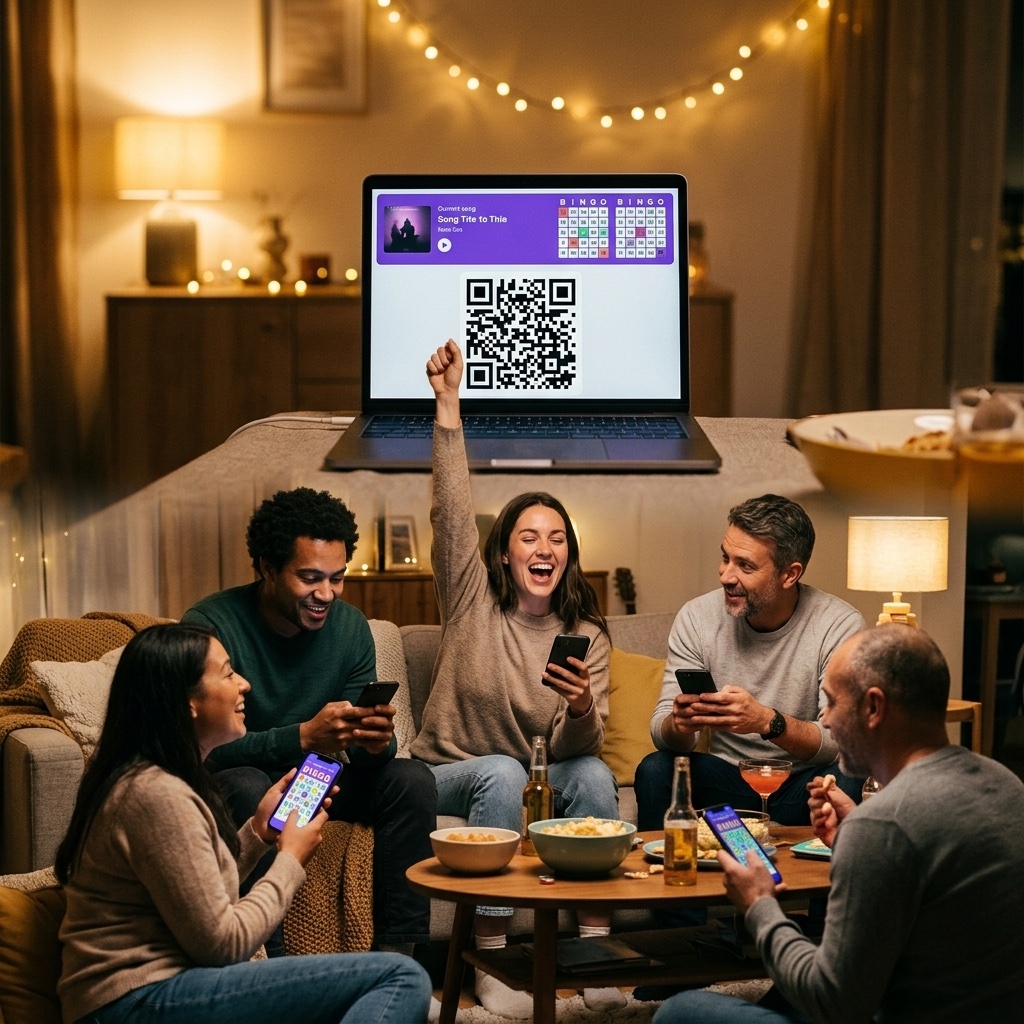 Friends playing live multiplayer music bingo on their phones