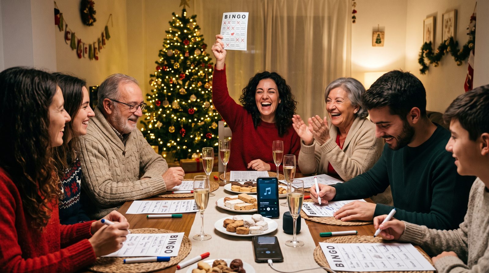 Familia jugando al bingo musical en Navidad