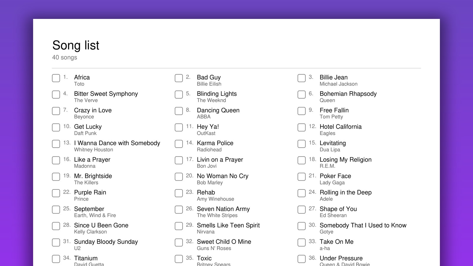 The printed song list sheet: forty songs, numbered, each with a box to tick as it is called