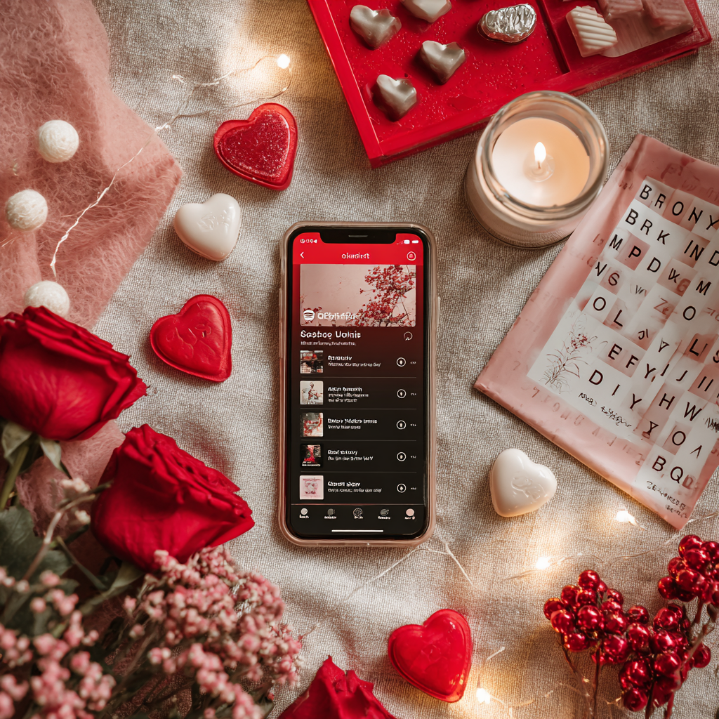 Valentine's Day music bingo setup with love songs playlist